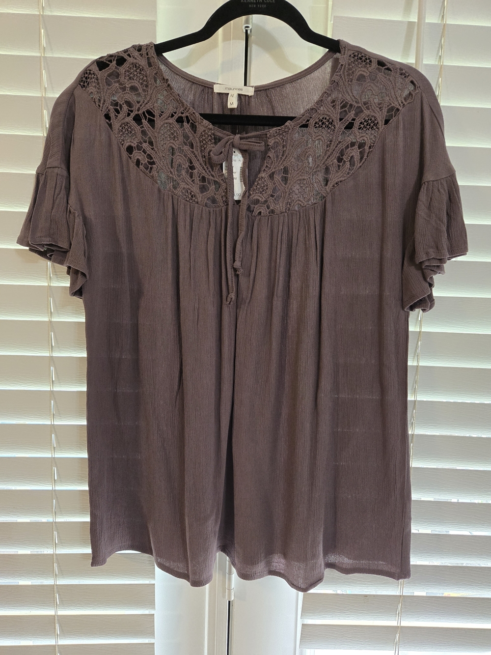 Maurices Crochet Yoke Short Sleeve Blouse - Dusty Dark Mauve Sz Medium NWT
